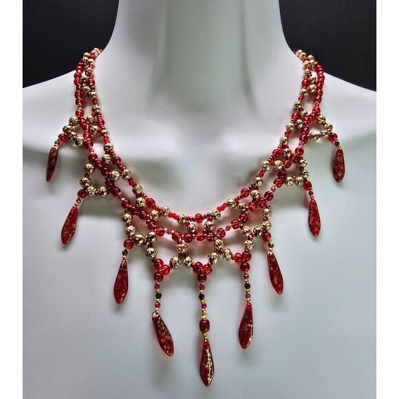18k Gold Plated Handcrafted Lava Inspired Gold Ruby Garnet Chandelier Necklace - Picture 1 of 9